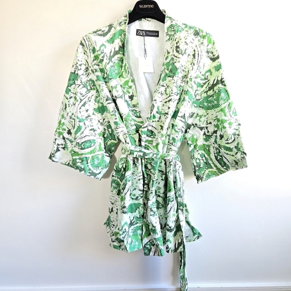 New Zara Printed Linen Blend Belted Green/White Short Kimono Open Front Jacket - Picture 12 of 15